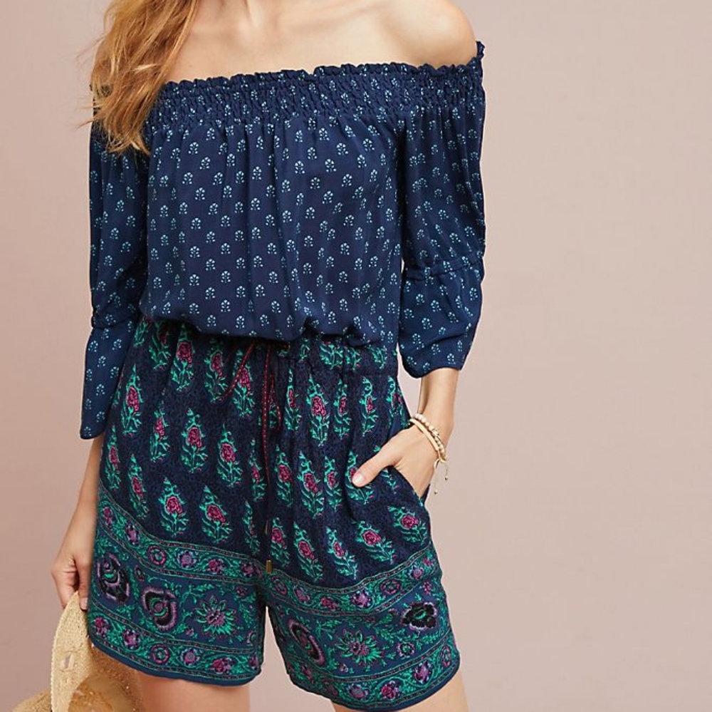 Anthropologie Kaleo Navy Off-the-Shoulder Romper
